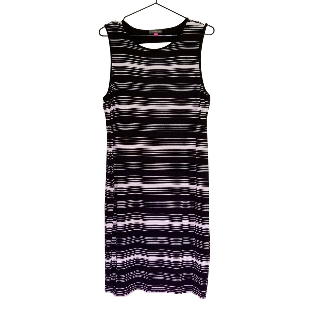 Vince Camuto Womens Black White Striped Cutout Back Shift Dress L Summer Travel